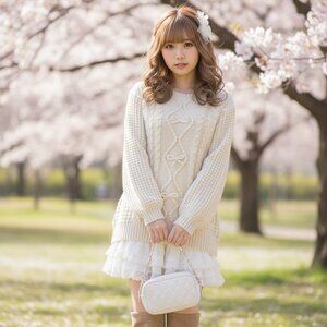 LIZ LISA hime gyaru cream cable knit pullover sweater w/bow detail